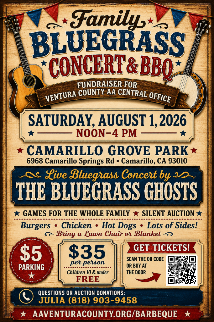 Poster advertising a family-friendly bluegrass concert and BBQ fundraiser for Ventura County AA Central Office, featuring The Bluegrass Ghosts, Saturday Aug 1, 2026, noon–4 PM at Camarillo Grove Park, Camarillo CA, with parking and ticket info.