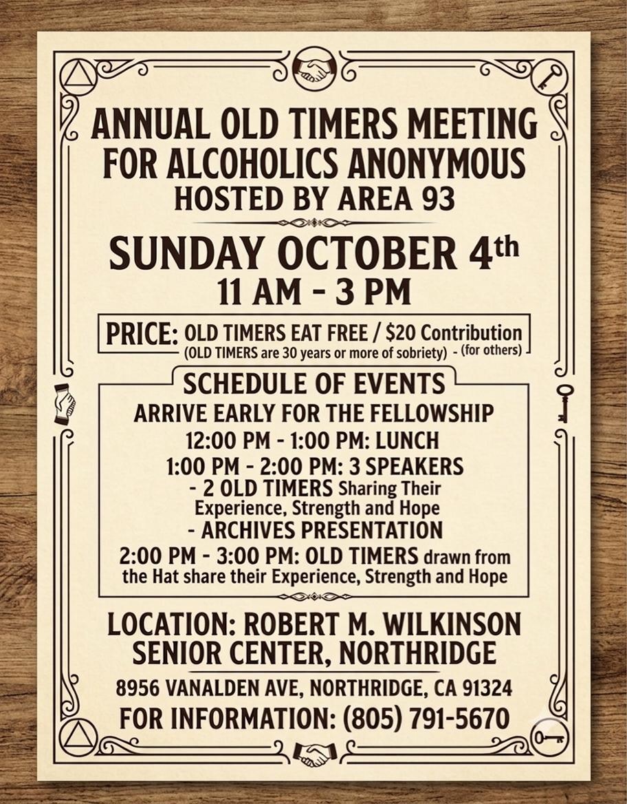 Flyer for the Annual Old Timers Meeting for Alcoholics Anonymous, hosted by Area 93, Sunday October 4th, 11 AM to 3 PM, at Robert M. Wilkinson Senior Center in Northridge