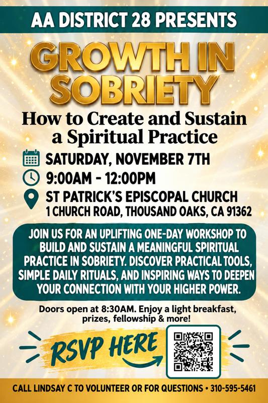 Flyer for Growth in Sobriety workshop, Saturday November 7, 9am to noon, St Patrick's Episcopal Church, Thousand Oaks